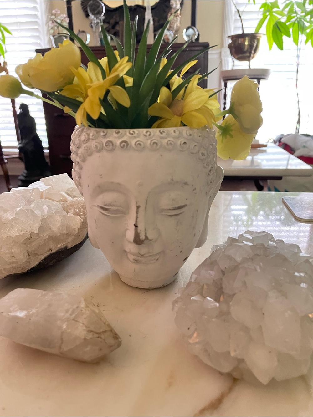 Cream Buddha Head Planter with Yellow Floral Accent